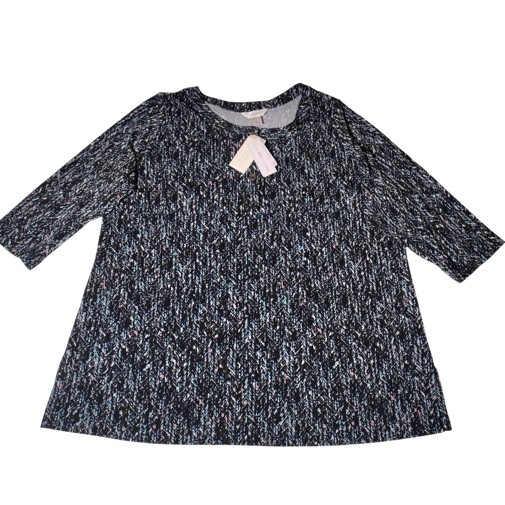 CJ Banks Women 1X Black Abstract Splatter 3/4 Sleeve Button Henley Top NEW